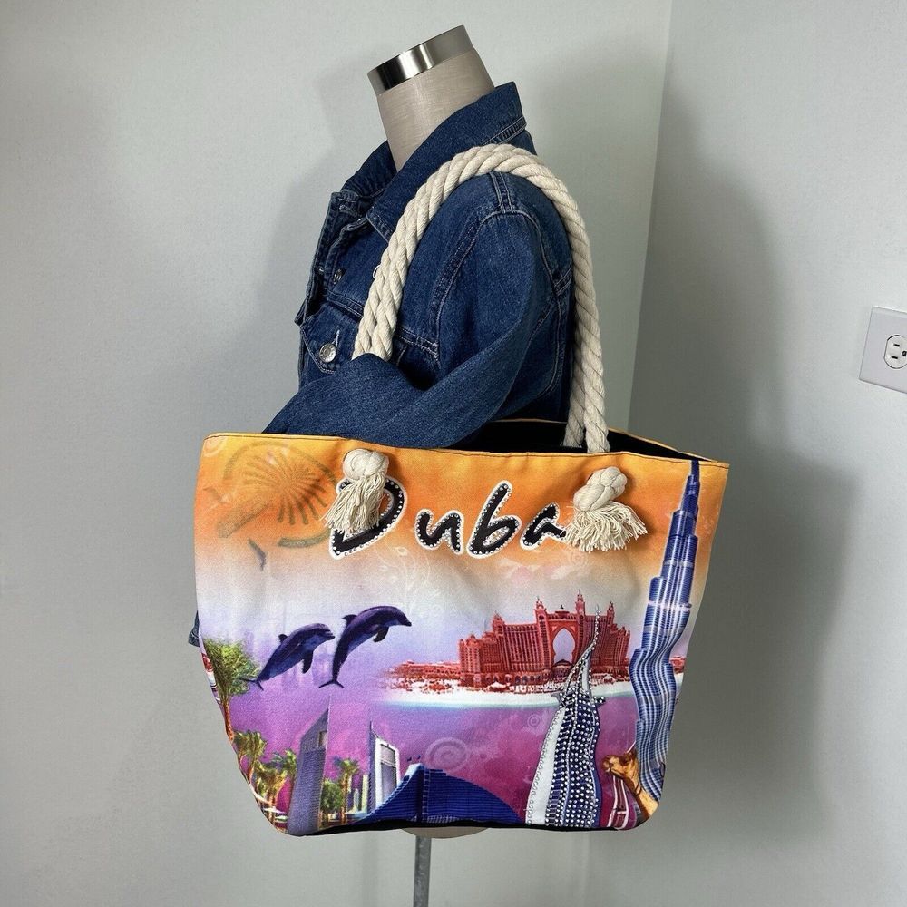 Dubai Beach Tote‎ Shopping Pool Zip Bag Rope Handles Colorful Rhinestone Detail